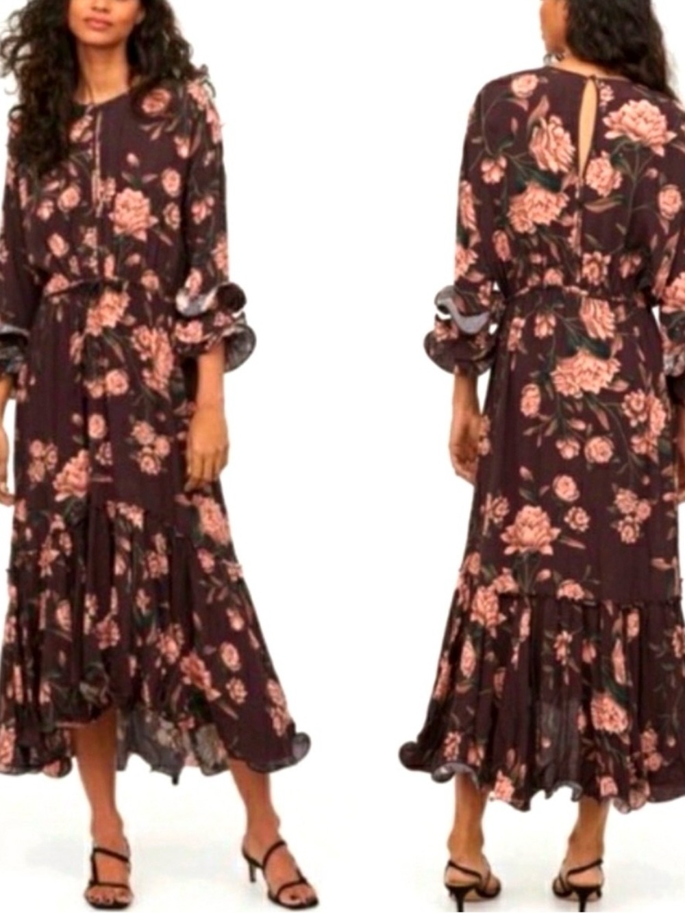 Johanna Ortiz x H&M Floral Maxi Dress XS NWT Burgundy Pink Ruffle Designer Colla